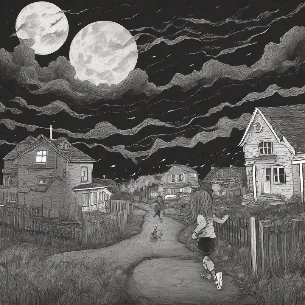 Prompt: ((comic book pages of chalkboard illustrations))
LAUREN & The Wind Monsters
children's book illustrations

a dark, cloudy windy night
suburban neighbourhood