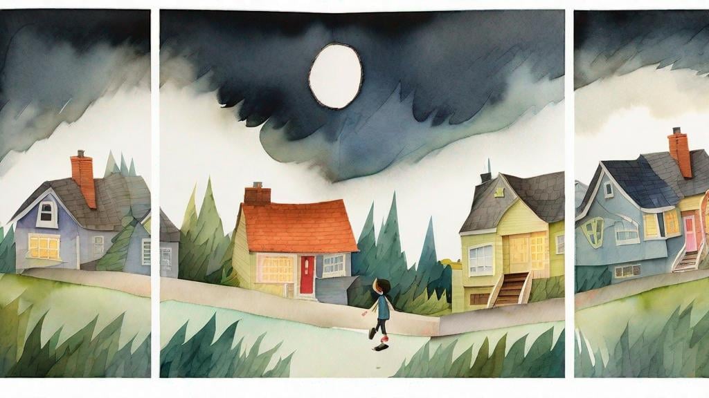 Prompt: LAUREN & The Wind Monsters
watercolor and papercraft
children's book illustrations
horizontal tryptych panels
a dark, cloudy windy night
suburban neighbourhood