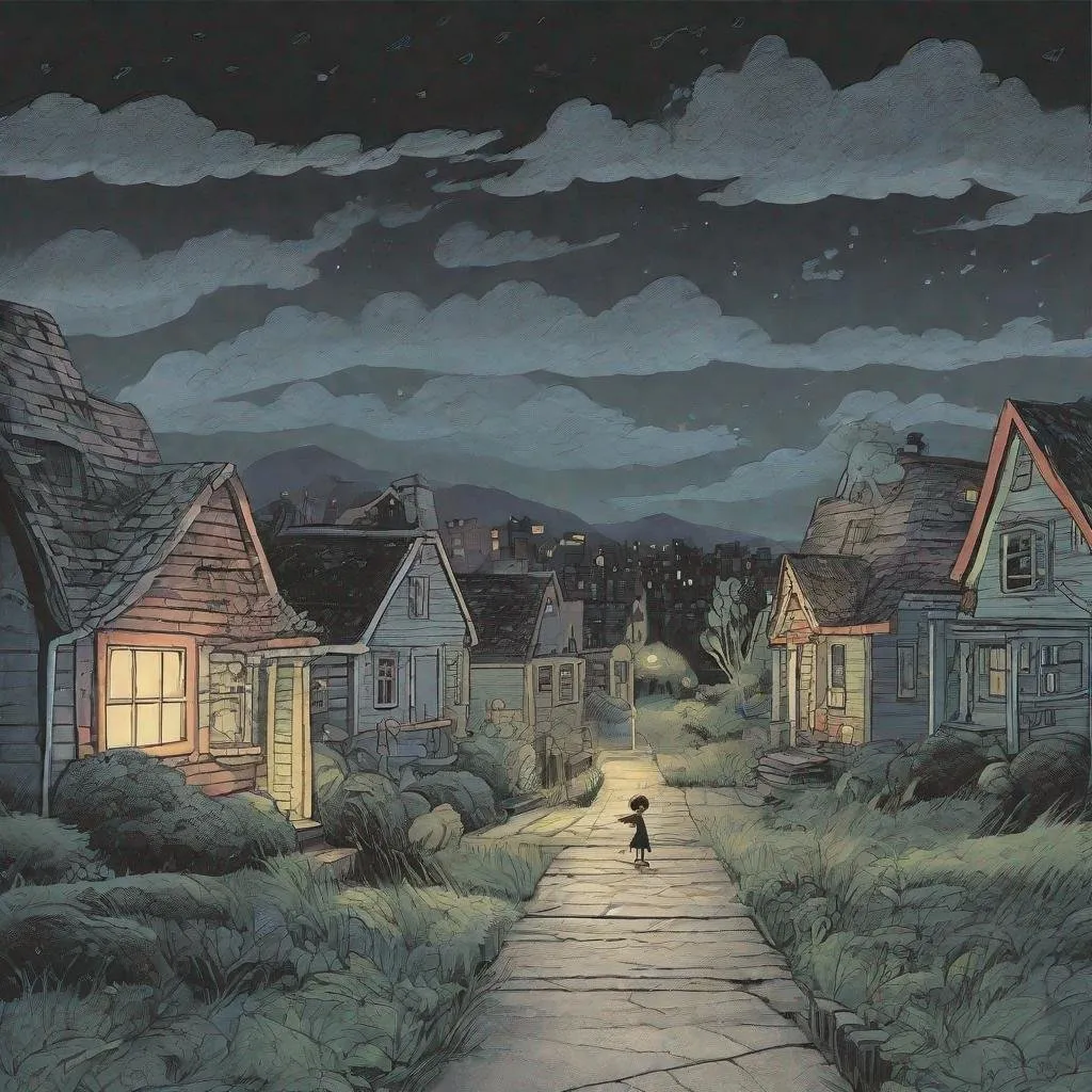 Prompt: ((comic book pages of chalkboard illustrations))
LAUREN & The Wind Monsters
children's book illustrations

a dark, cloudy windy night
suburban neighbourhood