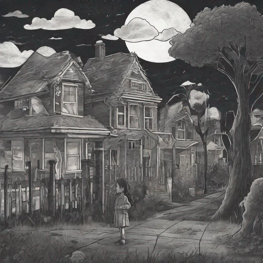 Prompt: ((comic book pages of chalkboard illustrations))
LAUREN & The Wind Monsters
children's book illustrations

a dark, cloudy windy night
suburban neighbourhood