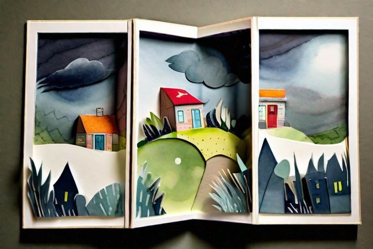 Prompt: LAUREN & The Wind Monsters
watercolor and papercraft
children's book illustrations
horizontal tryptych panels
a dark, cloudy windy night
suburban neighbourhood