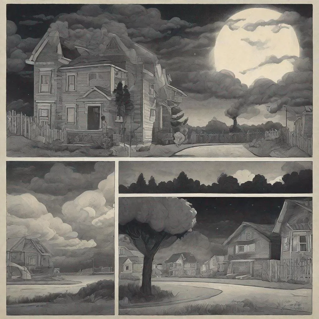 Prompt: ((comic book pages of chalkboard illustrations))
LAUREN & The Wind Monsters
children's book illustrations

a dark, cloudy windy night
suburban neighbourhood