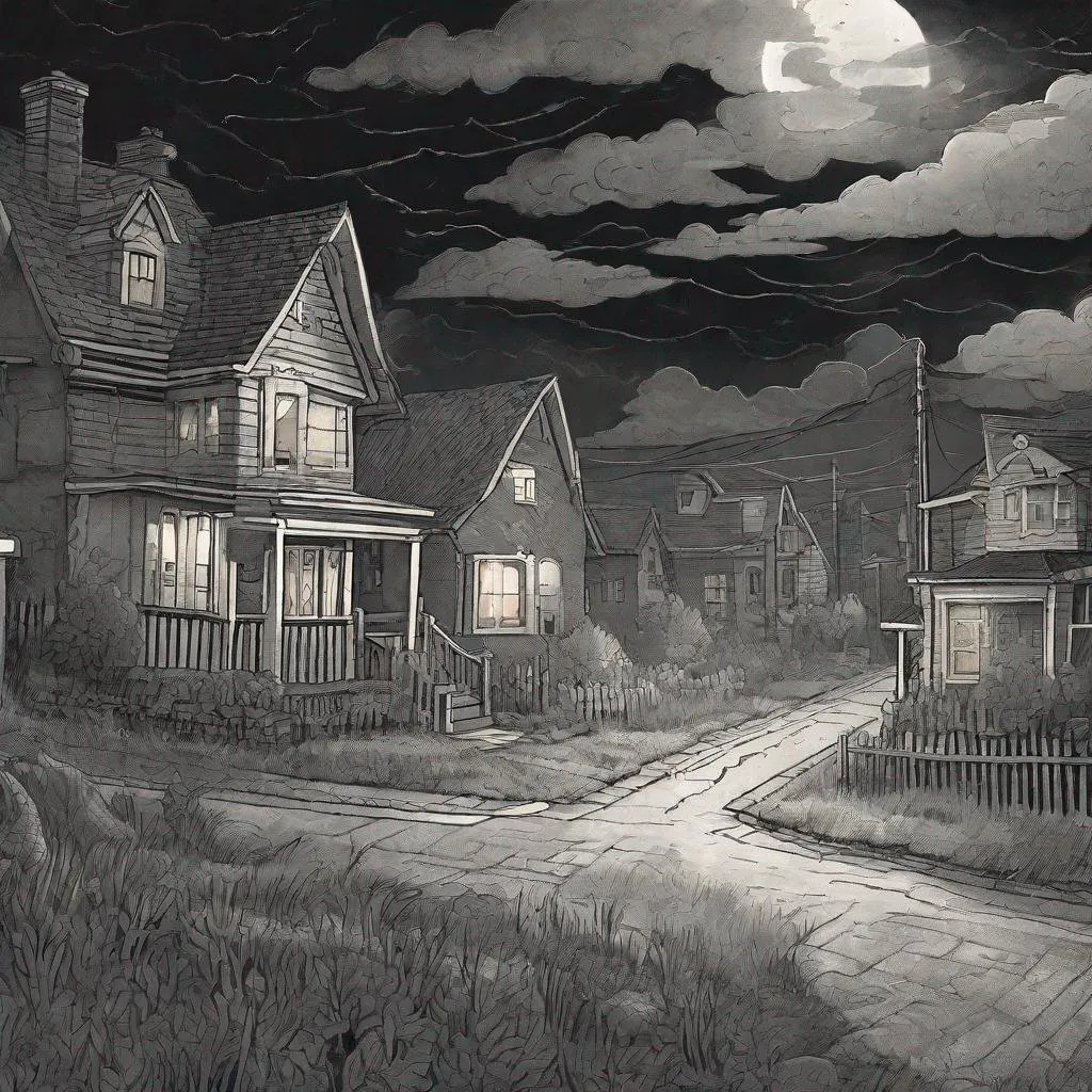 Prompt: ((comic book pages of chalkboard illustrations))
LAUREN & The Wind Monsters
children's book illustrations

a dark, cloudy windy night
suburban neighbourhood