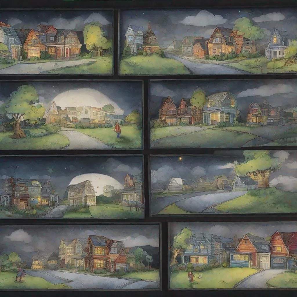 Prompt: ((comic book pages of chalkboard illustrations))
LAUREN & The Wind Monsters
watercolor and papercraft
children's book illustrations
horizontal tryptych panels
a dark, cloudy windy night
suburban neighbourhood