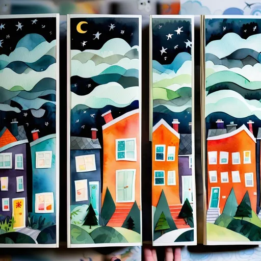 Prompt: LAUREN & The Wind Monsters
watercolor and papercraft
children's book illustrations
horizontal tryptych panels
a dark, cloudy windy night
suburban neighbourhood