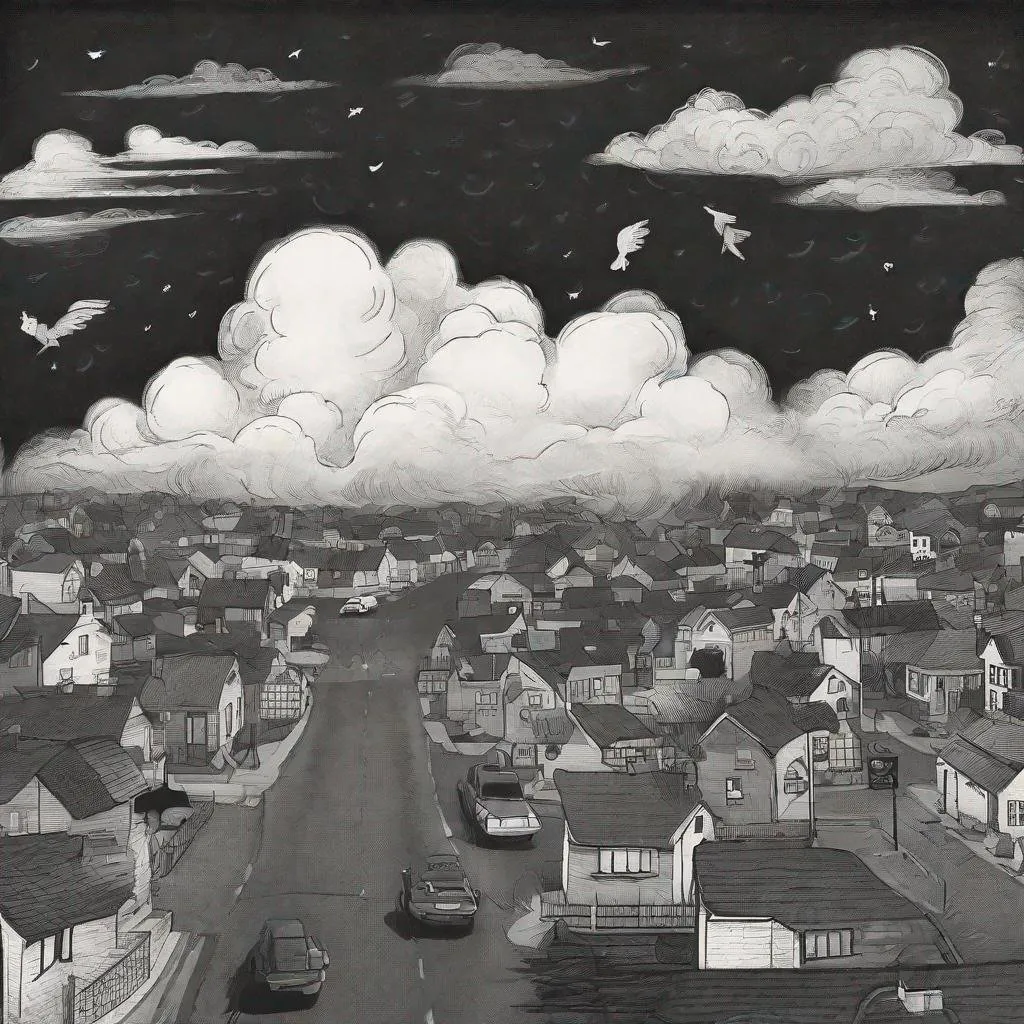 Prompt: ((comic book pages of chalkboard illustrations))
LAUREN & The Wind Monsters
children's book illustrations

a dark, cloudy windy night
suburban neighbourhood