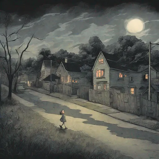 Prompt: ((comic book pages of chalkboard illustrations))
LAUREN & The Wind Monsters
children's book illustrations

a dark, cloudy windy night
suburban neighbourhood