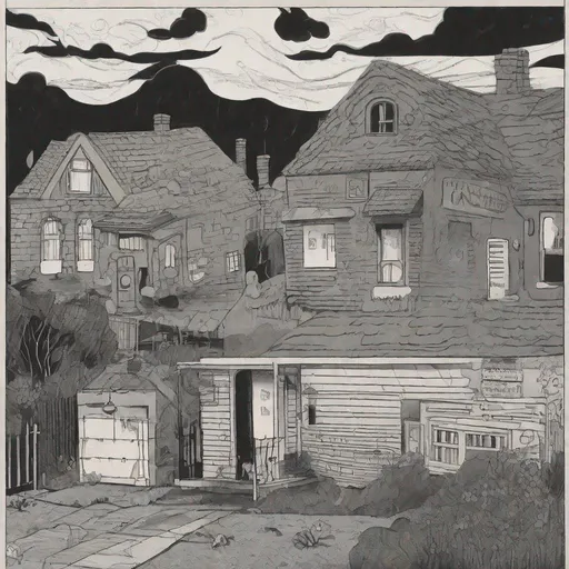 Prompt: ((comic book pages of chalkboard illustrations))
LAUREN & The Wind Monsters
children's book illustrations

a dark, cloudy windy night
suburban neighbourhood