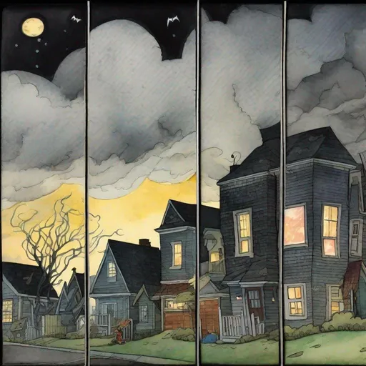 Prompt: ((comic book pages of chalkboard illustrations))
LAUREN & The Wind Monsters
watercolor and papercraft
children's book illustrations
horizontal tryptych panels
a dark, cloudy windy night
suburban neighbourhood