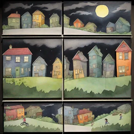 Prompt: ((comic book pages of chalkboard illustrations))
LAUREN & The Wind Monsters
watercolor and papercraft
children's book illustrations
horizontal tryptych panels
a dark, cloudy windy night
suburban neighbourhood