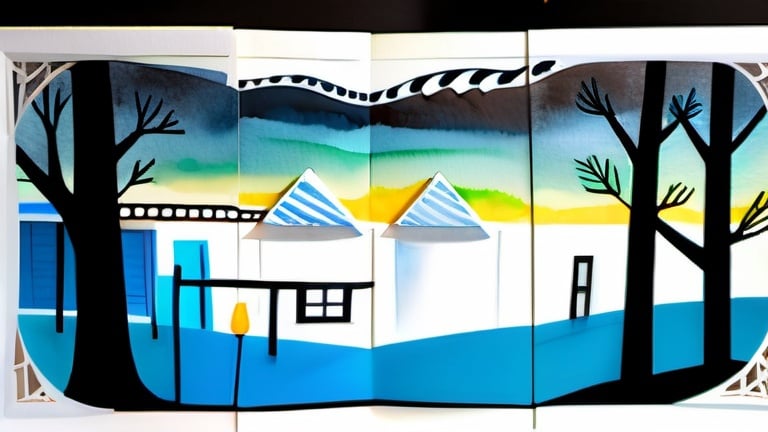 Prompt: LAUREN & The Wind Monsters
watercolor and papercraft
children's book illustrations
horizontal tryptych panels
a dark, cloudy windy night
suburban neighbourhood