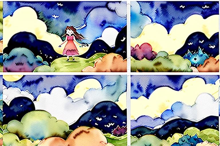 Prompt: LAUREN & The Wind Monsters
watercolor and papercraft
children's book illustrations
horizontal tryptych panels
a dark, cloudy windy night
suburban neighbourhood