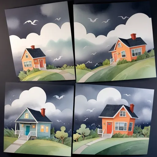 Prompt: LAUREN & The Wind Monsters
watercolor and papercraft
children's book illustrations
horizontal tryptych panels
a dark, cloudy windy night
suburban neighbourhood