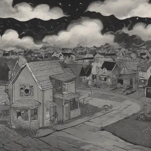 Prompt: ((comic book pages of chalkboard illustrations))
LAUREN & The Wind Monsters
children's book illustrations

a dark, cloudy windy night
suburban neighbourhood