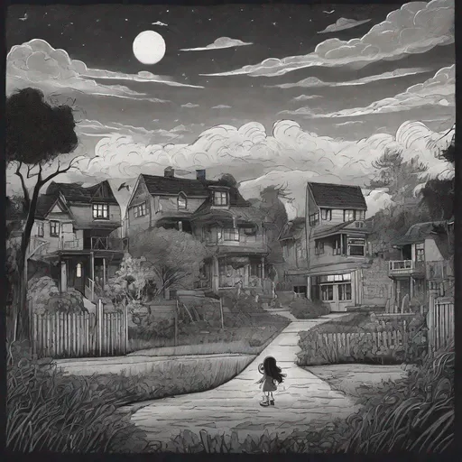 Prompt: ((comic book pages of chalkboard illustrations))
LAUREN & The Wind Monsters
children's book illustrations

a dark, cloudy windy night
suburban neighbourhood