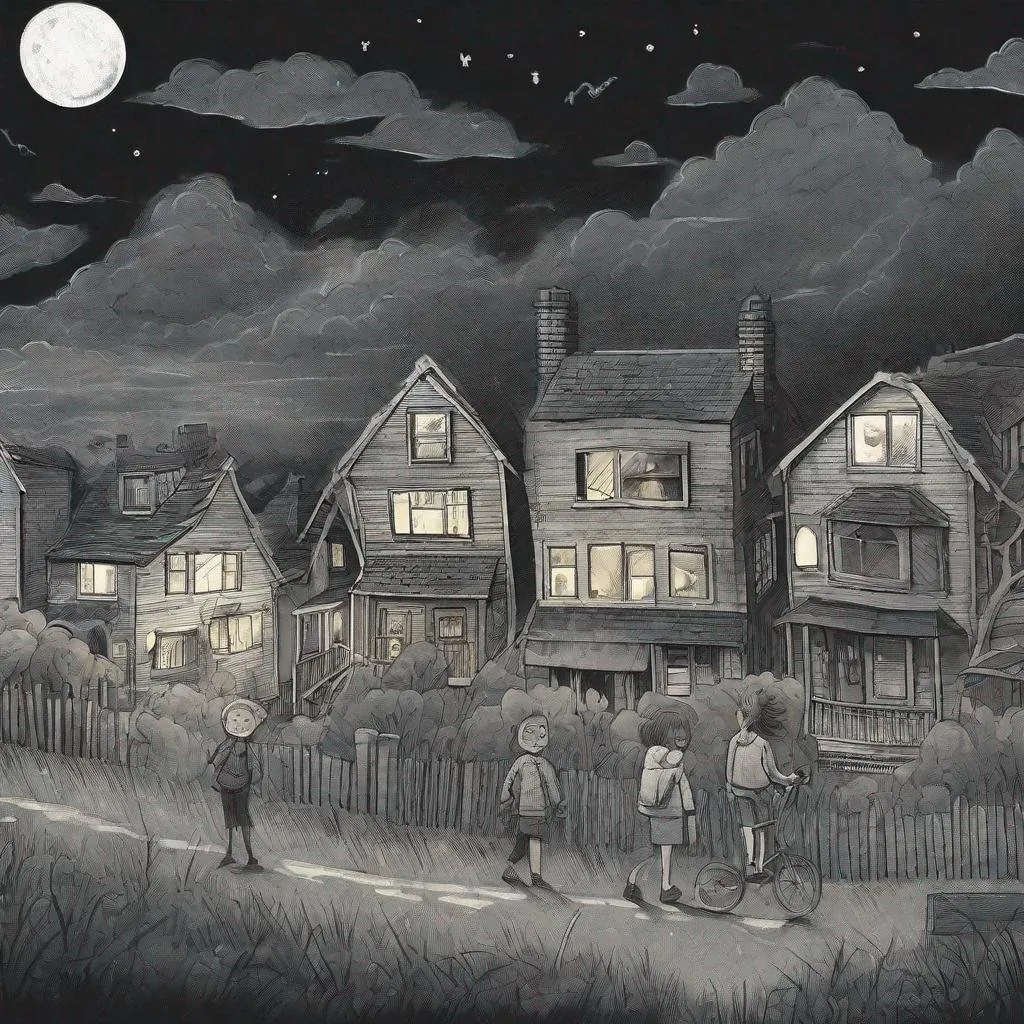 Prompt: ((comic book pages of chalkboard illustrations))
LAUREN & The Wind Monsters
children's book illustrations

a dark, cloudy windy night
suburban neighbourhood