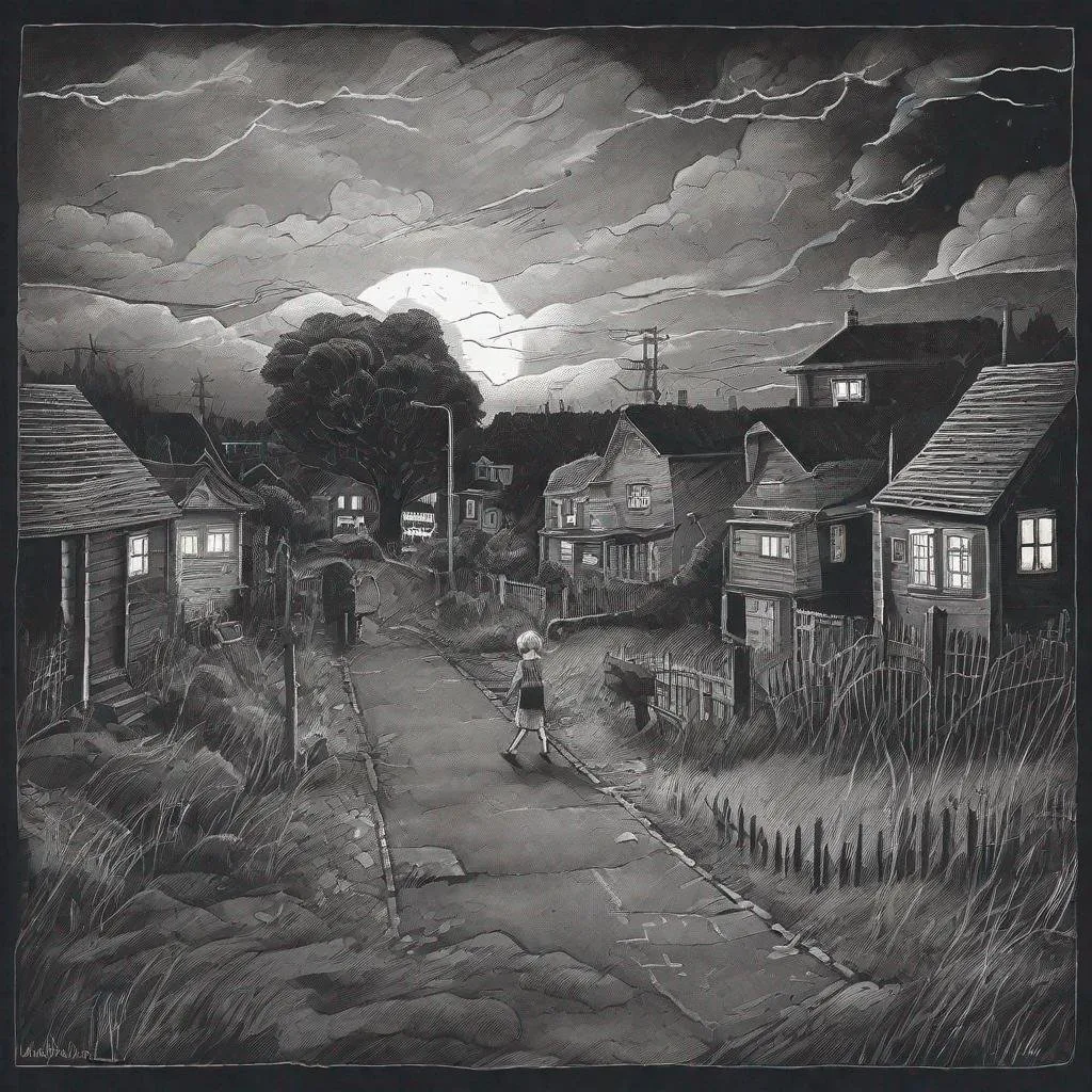 Prompt: ((comic book pages of chalkboard illustrations))
LAUREN & The Wind Monsters
children's book illustrations

a dark, cloudy windy night
suburban neighbourhood