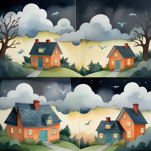 Prompt: LAUREN & The Wind Monsters
watercolor and papercraft
children's book illustrations
horizontal tryptych panels
a dark, cloudy windy night
suburban neighbourhood