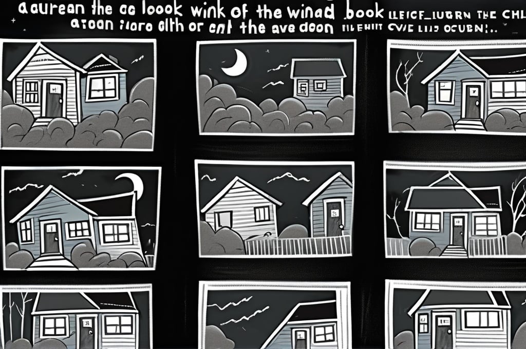 Prompt: ((multi-panel comic book pages of chalkboard illustrations)) LAUREN & The Wind Monsters children's book illustrations a dark, cloudy windy night suburban neighbourhood