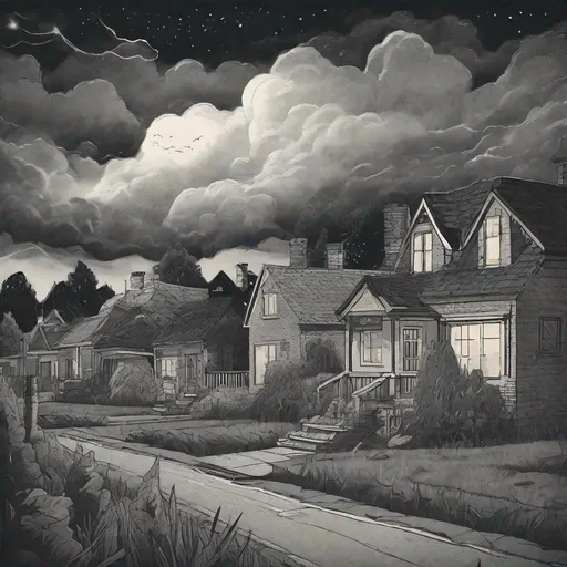 Prompt: ((comic book pages of chalkboard illustrations))
LAUREN & The Wind Monsters
children's book illustrations

a dark, cloudy windy night
suburban neighbourhood