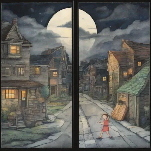 Prompt: ((comic book pages of chalkboard illustrations))
LAUREN & The Wind Monsters
watercolor and papercraft
children's book illustrations
horizontal tryptych panels
a dark, cloudy windy night
suburban neighbourhood