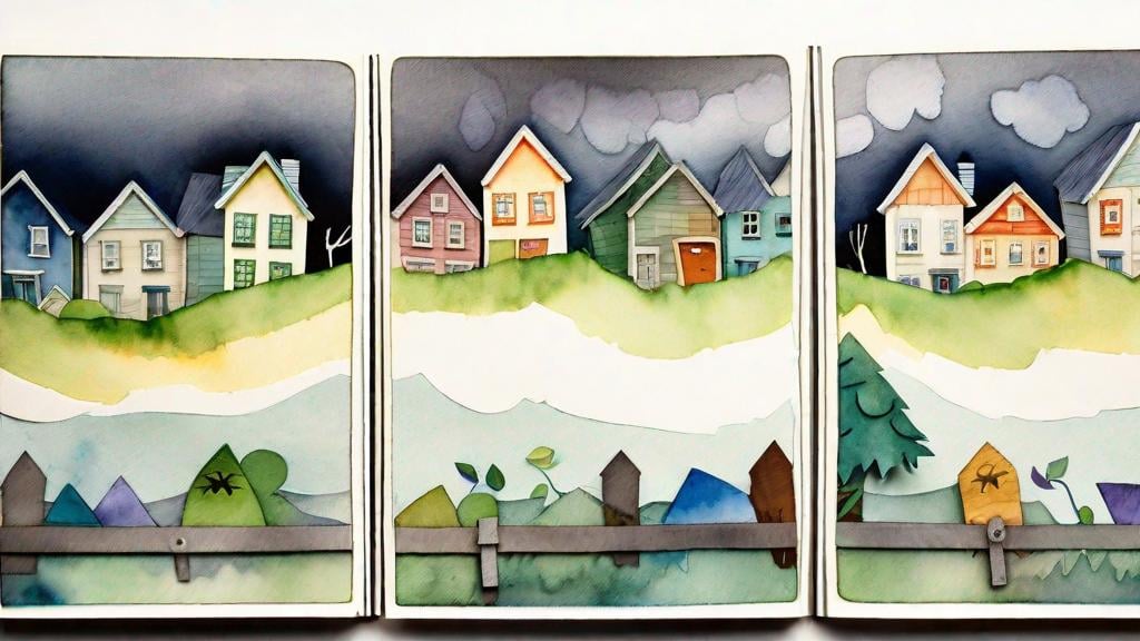 Prompt: LAUREN & The Wind Monsters
watercolor and papercraft
children's book illustrations
horizontal tryptych panels
a dark, cloudy windy night
suburban neighbourhood