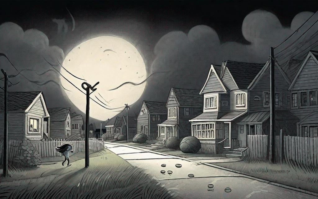 Prompt: ((comic book pages of chalkboard illustrations))
LAUREN & The Wind Monsters
children's book illustrations

a dark, cloudy windy night
suburban neighbourhood