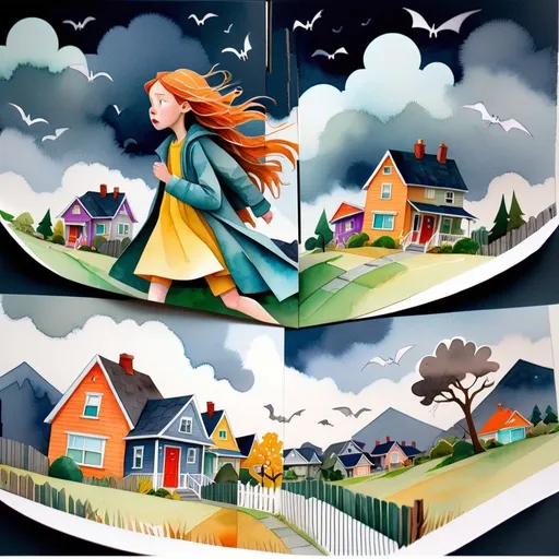 Prompt: LAUREN & The Wind Monsters
watercolor and papercraft
children's book illustrations
horizontal tryptych panels
a dark, cloudy windy night
suburban neighbourhood