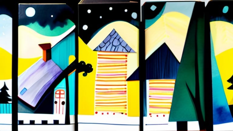 Prompt: LAUREN & The Wind Monsters
watercolor and papercraft
children's book illustrations
horizontal tryptych panels
a dark, cloudy windy night
suburban neighbourhood