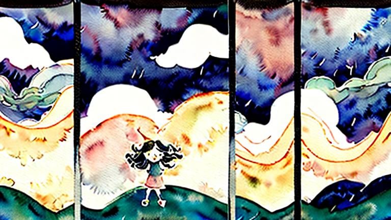 Prompt: LAUREN & The Wind Monsters
watercolor and papercraft
children's book illustrations
horizontal tryptych panels
a dark, cloudy windy night
suburban neighbourhood