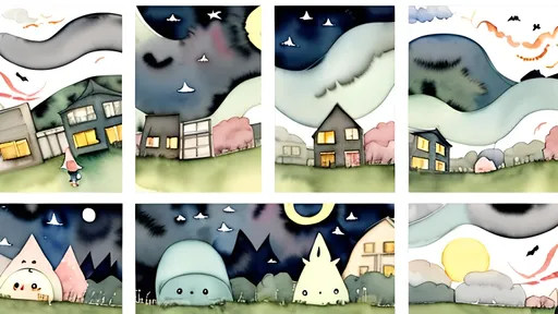 Prompt: LAUREN & The Wind Monsters
watercolor and papercraft
children's book illustrations
horizontal tryptych panels
a dark, cloudy windy night
suburban neighbourhood