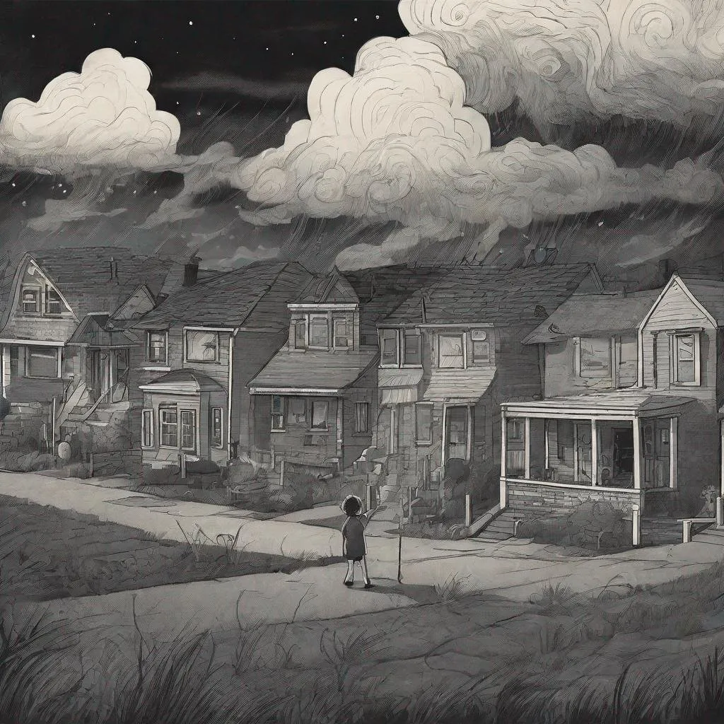 Prompt: ((comic book pages of chalkboard illustrations))
LAUREN & The Wind Monsters
children's book illustrations

a dark, cloudy windy night
suburban neighbourhood