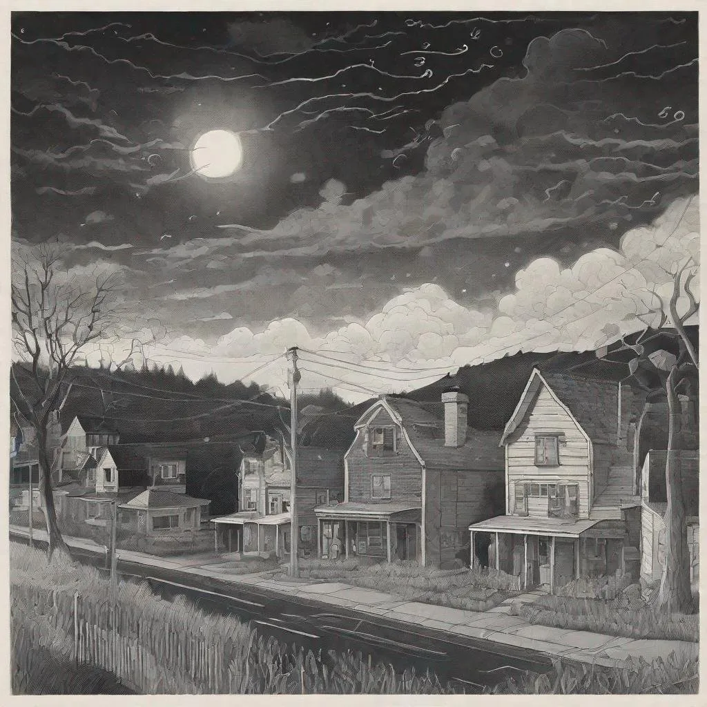 Prompt: ((comic book pages of chalkboard illustrations))
LAUREN & The Wind Monsters
children's book illustrations

a dark, cloudy windy night
suburban neighbourhood