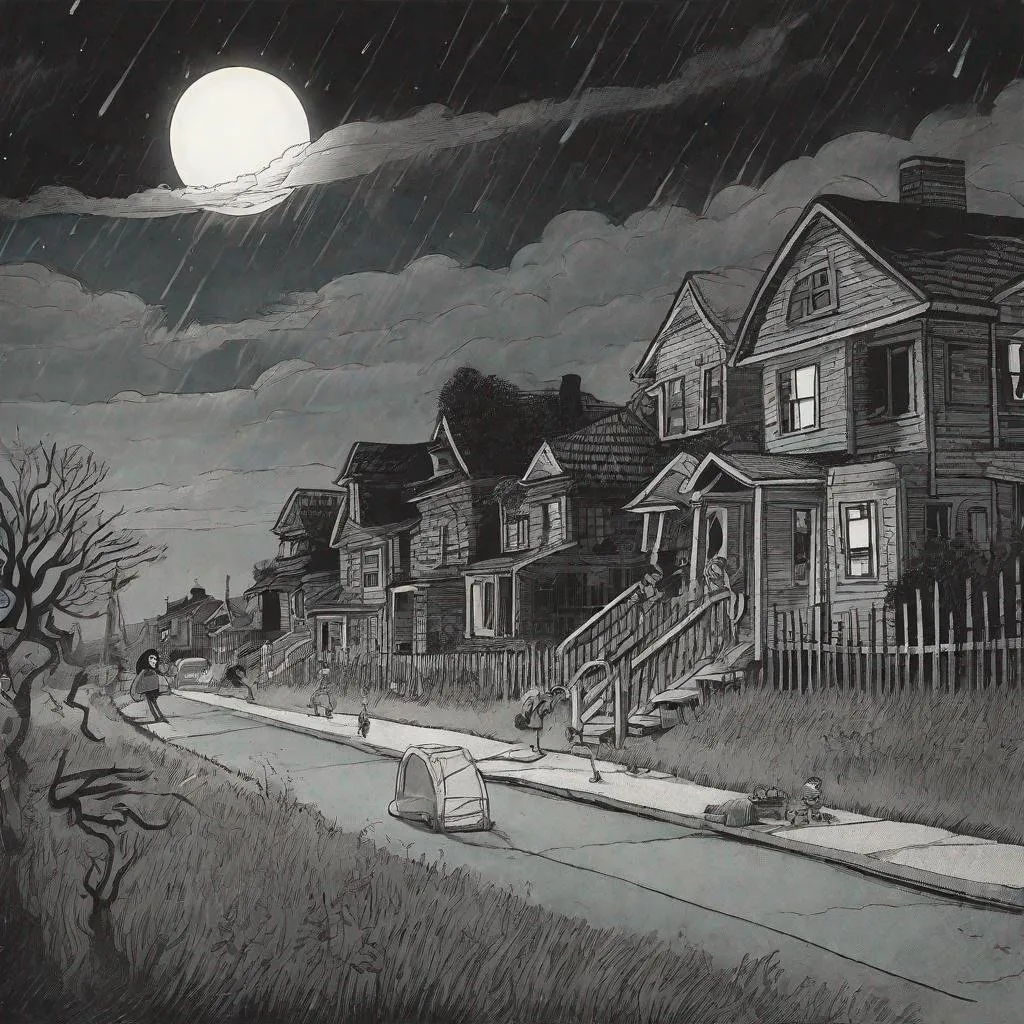 Prompt: ((comic book pages of chalkboard illustrations))
LAUREN & The Wind Monsters
children's book illustrations

a dark, cloudy windy night
suburban neighbourhood