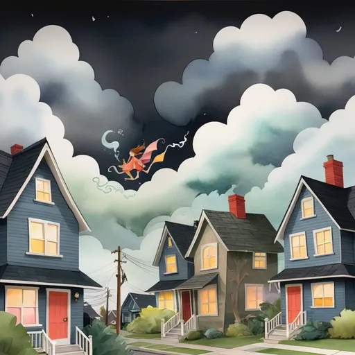 Prompt: LAUREN & The Wind Monsters
watercolor and papercraft
children's book illustrations
horizontal tryptych panels
a dark, cloudy windy night
suburban neighbourhood