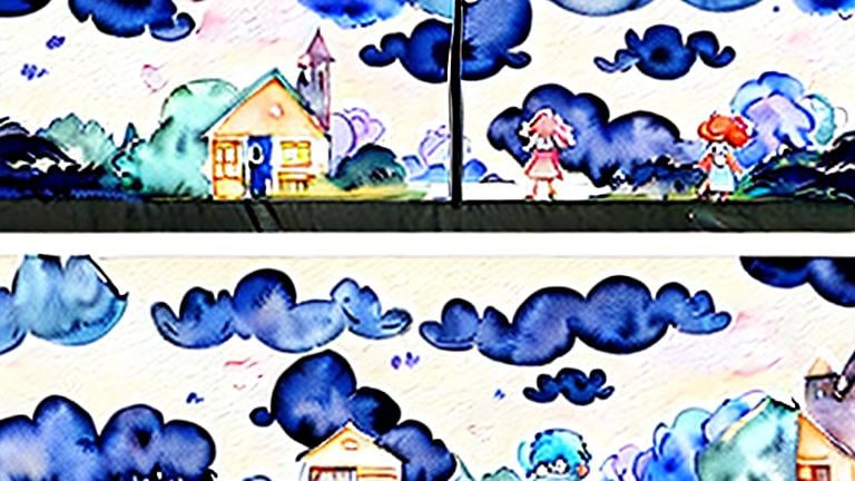 Prompt: LAUREN & The Wind Monsters
watercolor and papercraft
children's book illustrations
horizontal tryptych panels
a dark, cloudy windy night
suburban neighbourhood