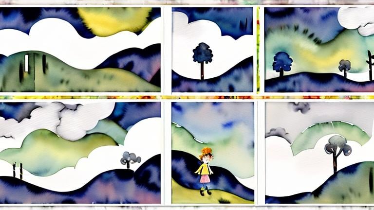 Prompt: LAUREN & The Wind Monsters
watercolor and papercraft
children's book illustrations
horizontal tryptych panels
a dark, cloudy windy night
suburban neighbourhood