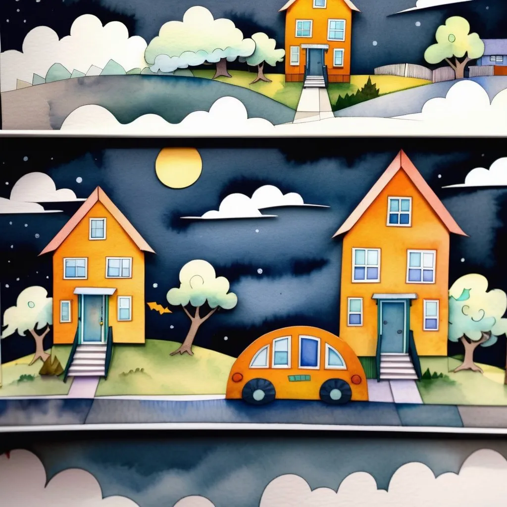 Prompt: LAUREN & The Wind Monsters
watercolor and papercraft
children's book illustrations
horizontal tryptych panels
a dark, cloudy windy night
suburban neighbourhood