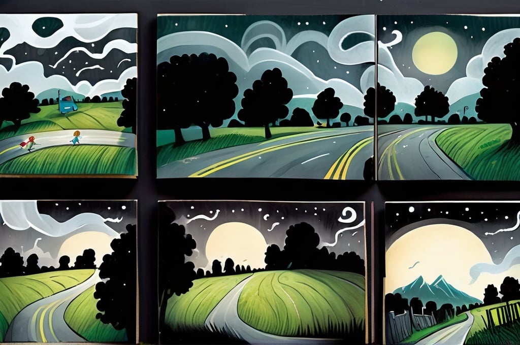 Prompt: ((multi-panel comic book pages of chalkboard illustrations)) LAUREN & The Wind Monsters children's book illustrations a dark, cloudy windy night suburban neighbourhood