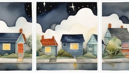 Prompt: LAUREN & The Wind Monsters
watercolor and papercraft
children's book illustrations
horizontal tryptych panels
a dark, cloudy windy night
suburban neighbourhood