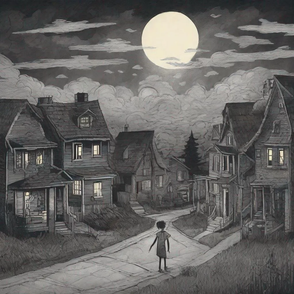 Prompt: ((comic book pages of chalkboard illustrations))
LAUREN & The Wind Monsters
children's book illustrations

a dark, cloudy windy night
suburban neighbourhood