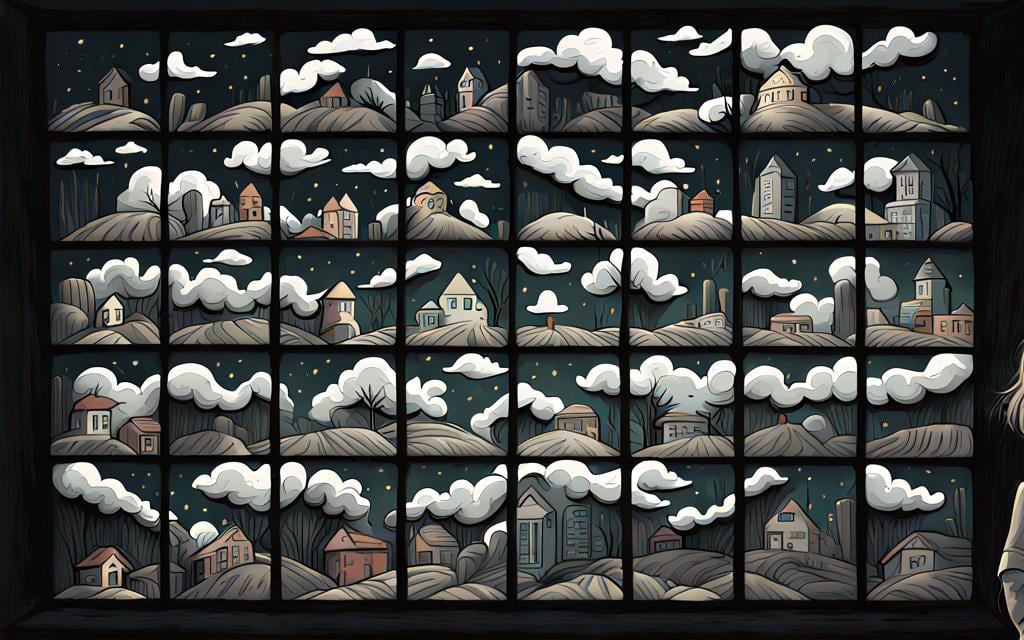 Prompt: ((comic book pages of chalkboard illustrations))
LAUREN & The Wind Monsters
children's book illustrations

a dark, cloudy windy night
suburban neighbourhood