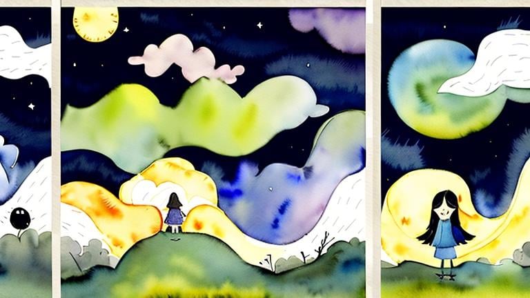 Prompt: LAUREN & The Wind Monsters
watercolor and papercraft
children's book illustrations
horizontal tryptych panels
a dark, cloudy windy night
suburban neighbourhood