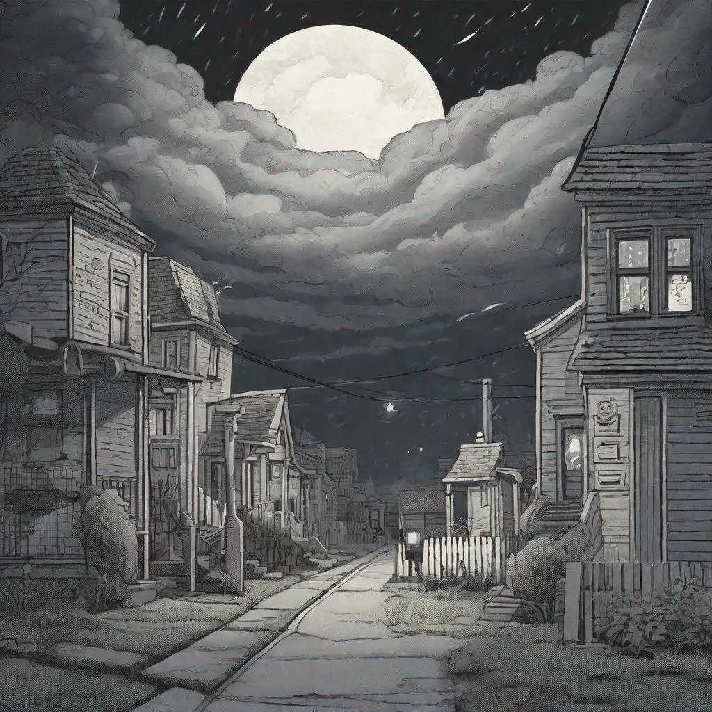 Prompt: ((comic book pages of chalkboard illustrations))
LAUREN & The Wind Monsters
children's book illustrations

a dark, cloudy windy night
suburban neighbourhood