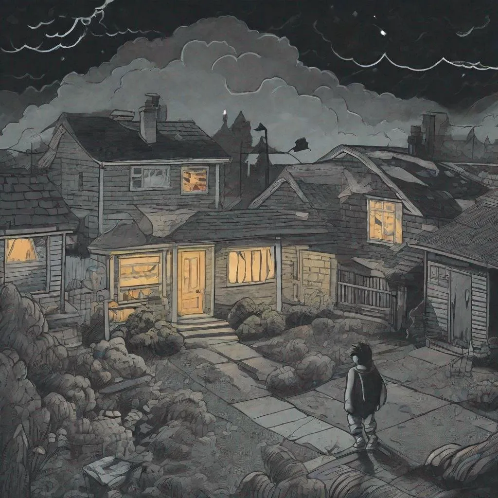 Prompt: ((comic book pages of chalkboard illustrations))
LAUREN & The Wind Monsters
children's book illustrations

a dark, cloudy windy night
suburban neighbourhood