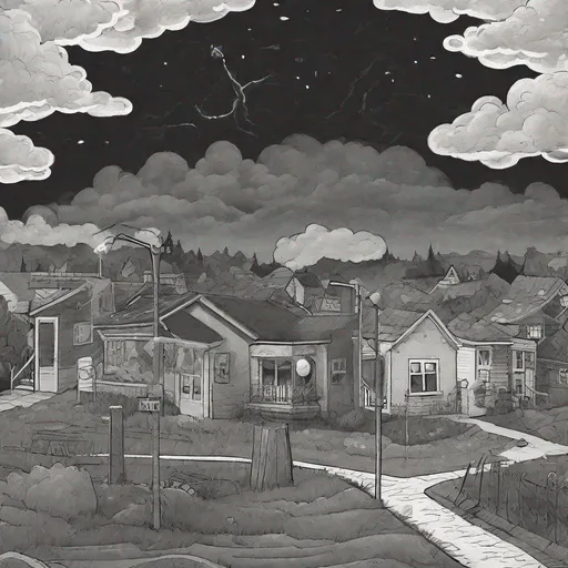 Prompt: ((comic book pages of chalkboard illustrations))
LAUREN & The Wind Monsters
children's book illustrations

a dark, cloudy windy night
suburban neighbourhood