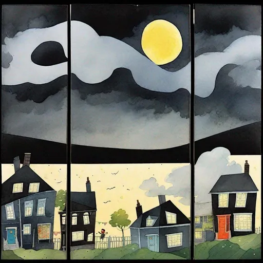 Prompt: ((comic book pages of chalkboard illustrations))
LAUREN & The Wind Monsters
watercolor and papercraft
children's book illustrations
horizontal tryptych panels
a dark, cloudy windy night
suburban neighbourhood