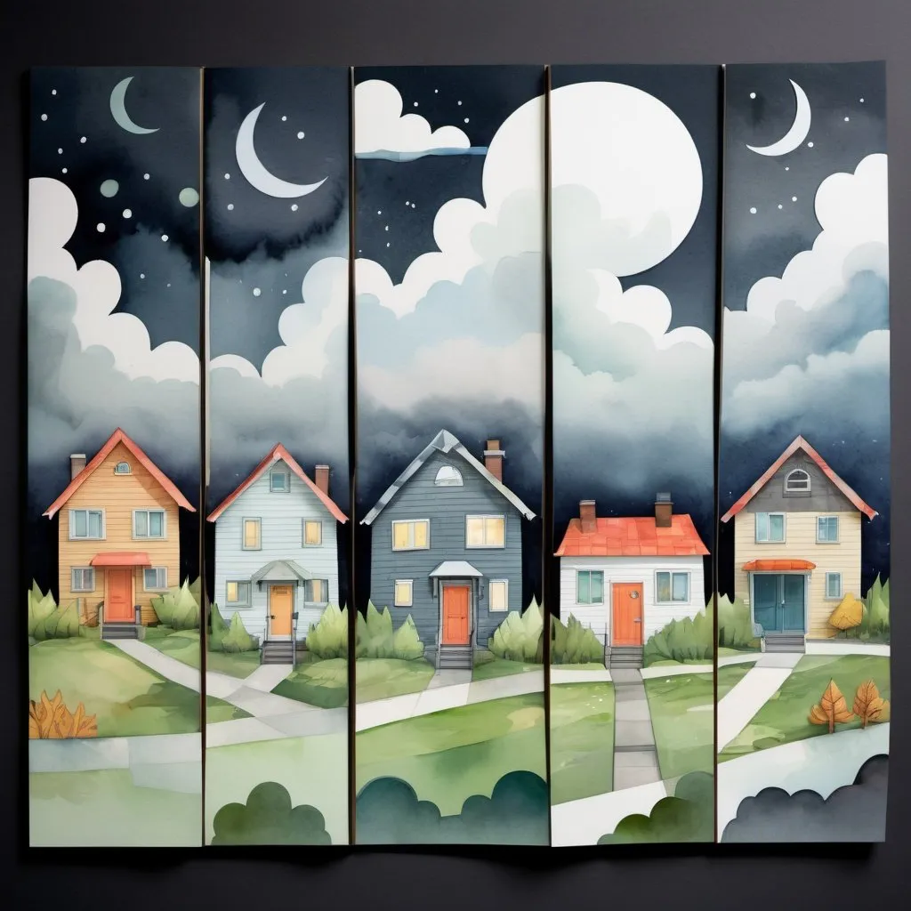 Prompt: LAUREN & The Wind Monsters
watercolor and papercraft
children's book illustrations
horizontal tryptych panels
a dark, cloudy windy night
suburban neighbourhood