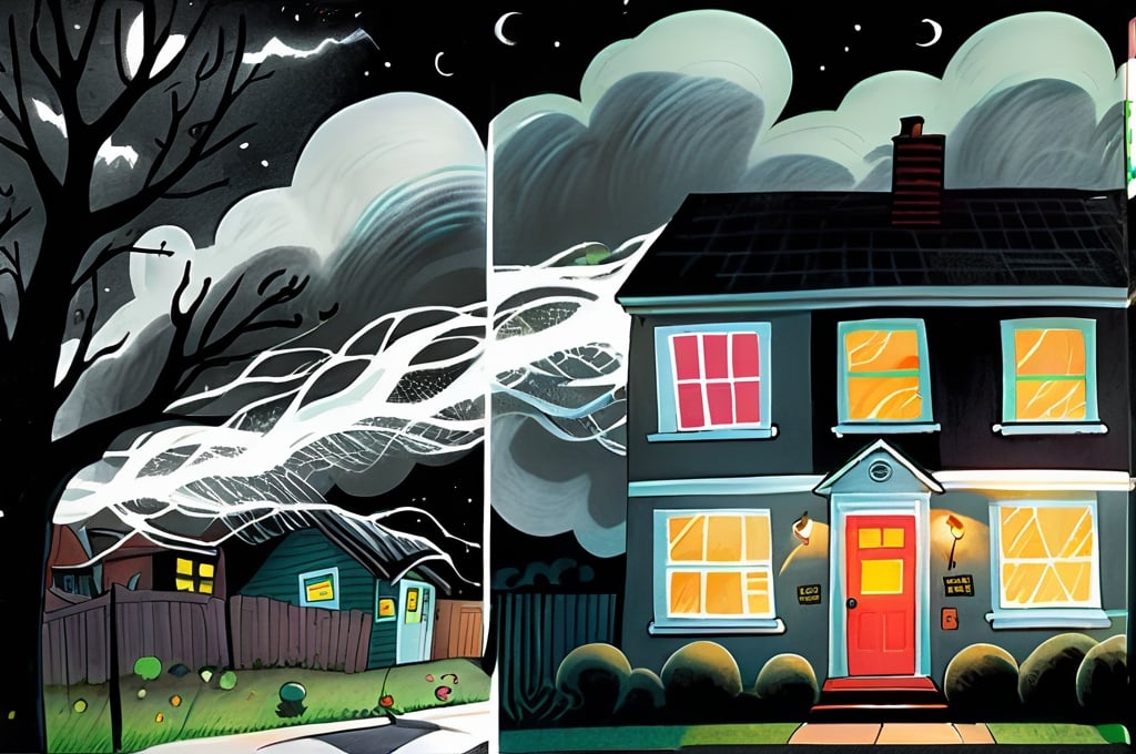 Prompt: ((multi-panel comic book pages of chalkboard illustrations)) LAUREN & The Wind Monsters children's book illustrations a dark, cloudy windy night suburban neighbourhood