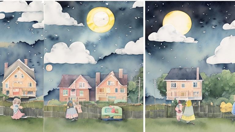 Prompt: LAUREN & The Wind Monsters
watercolor and papercraft
children's book illustrations
horizontal tryptych panels
a dark, cloudy windy night
suburban neighbourhood